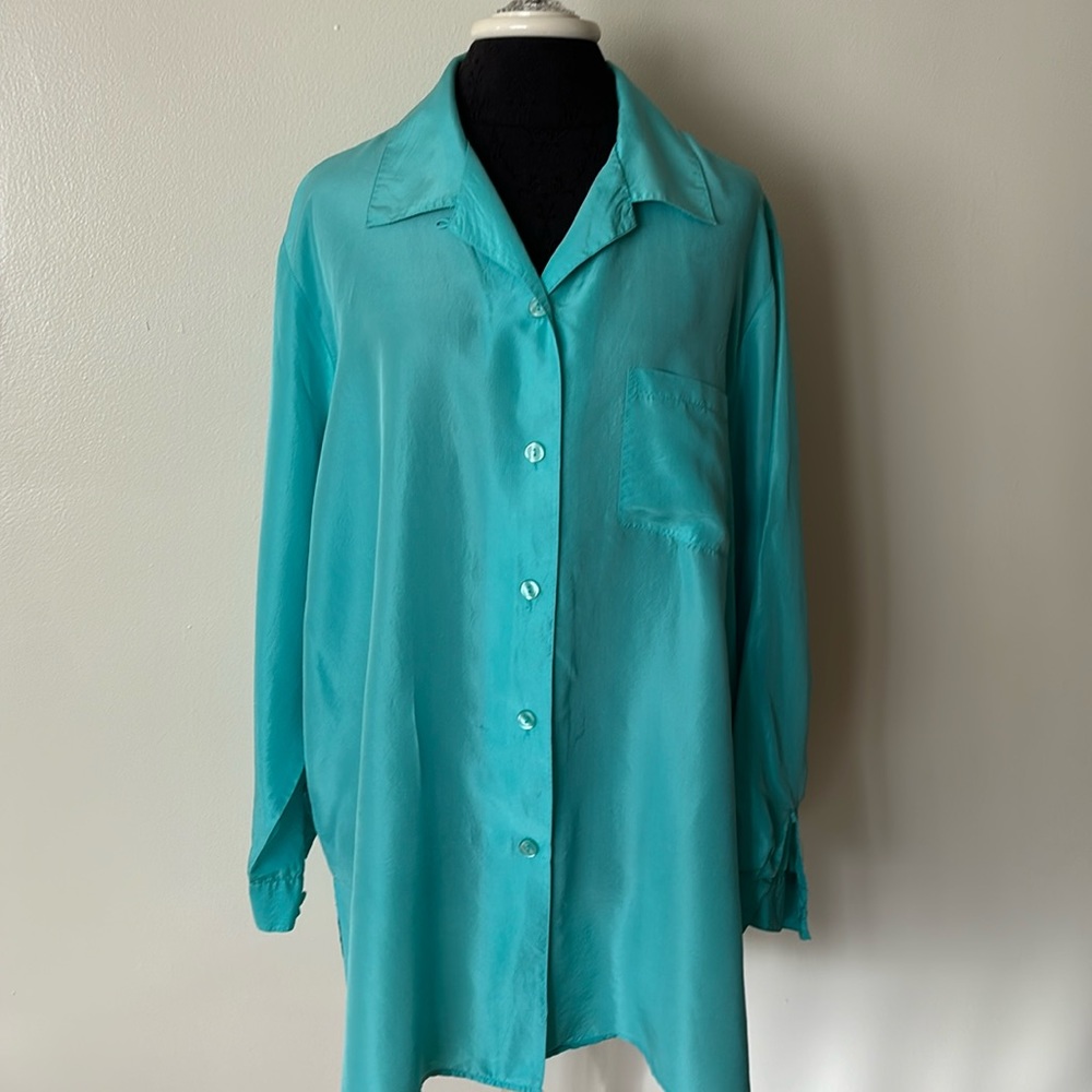Diane Von Furstenberg the color authority aqua Silk Tunic Blouse Sz L
